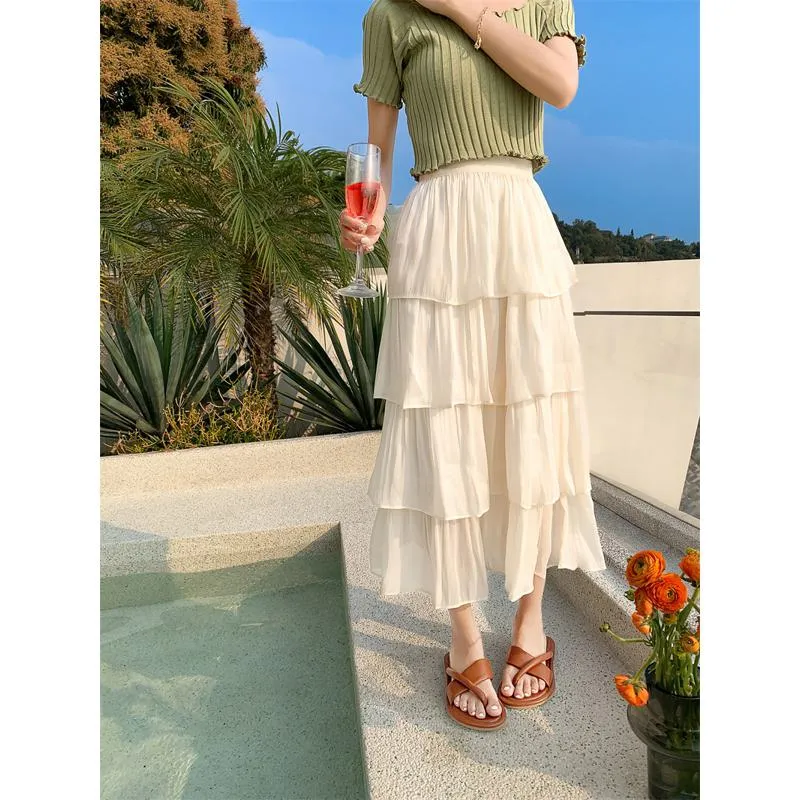 High-Waisted Glossy Pleated Pearl Luster Layered Midi Skirt