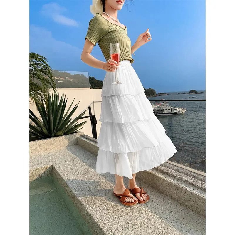 High-Waisted Glossy Pleated Pearl Luster Layered Midi Skirt