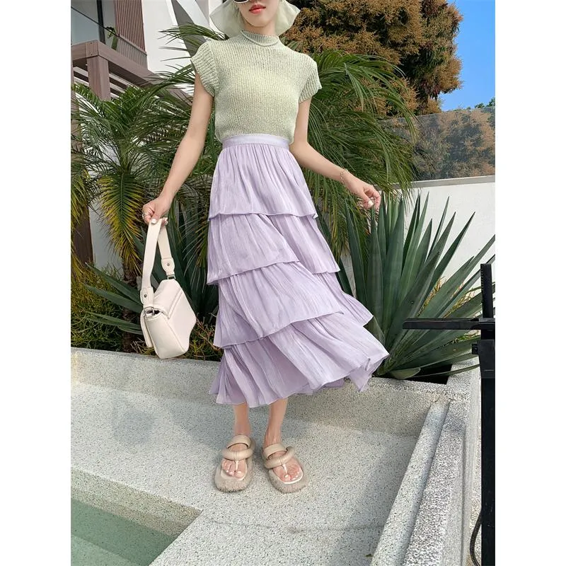 High-Waisted Glossy Pleated Pearl Luster Layered Midi Skirt