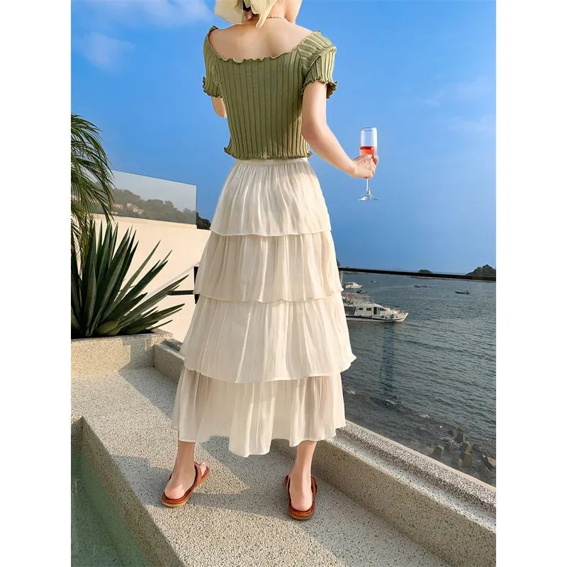 High-Waisted Glossy Pleated Pearl Luster Layered Midi Skirt