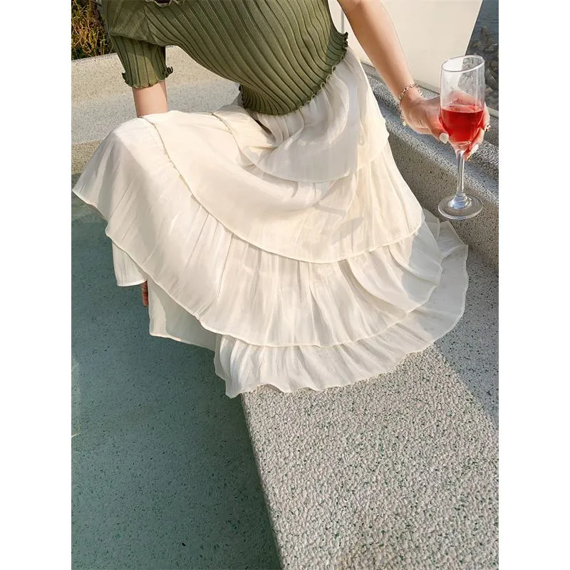 High-Waisted Glossy Pleated Pearl Luster Layered Midi Skirt