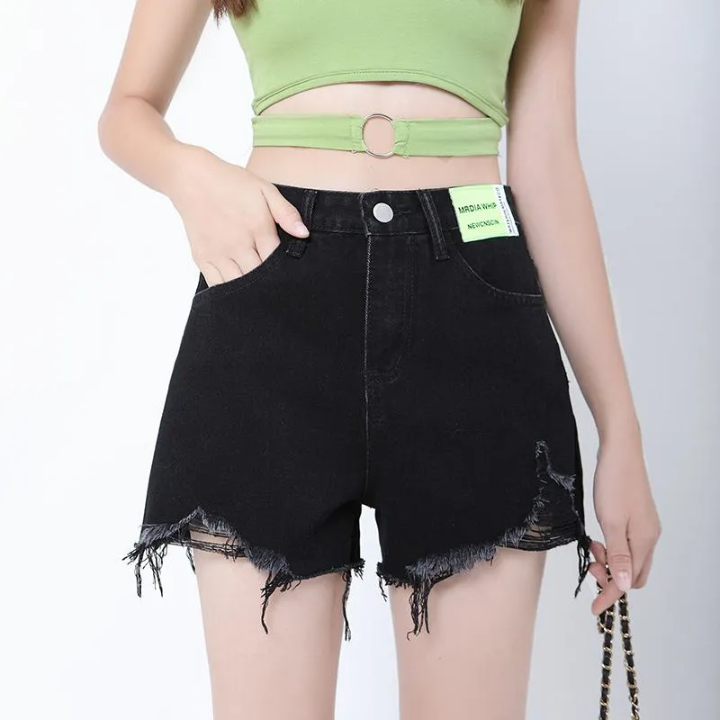 High-Waisted Loose Fit Versatile Distressed Wide-Leg Slimming Denim Shorts