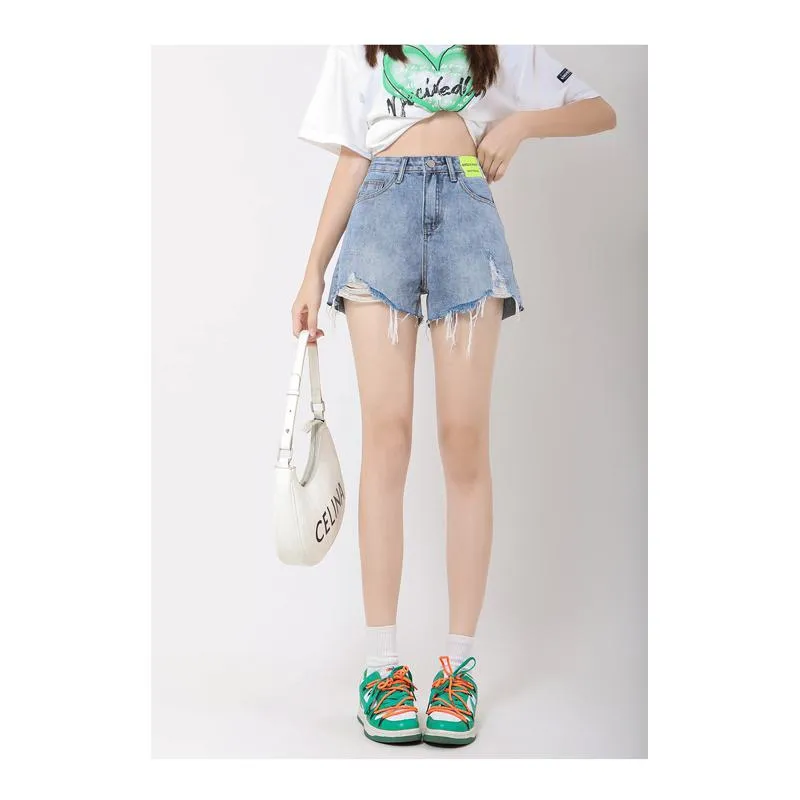 High-Waisted Loose Fit Versatile Distressed Wide-Leg Slimming Denim Shorts