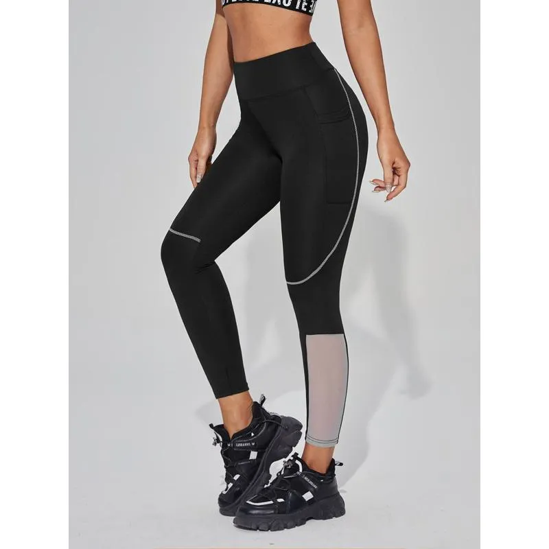 High-Waisted Mesh Pocket Patchwork Fitness Yoga Sports Running Sports Leggings