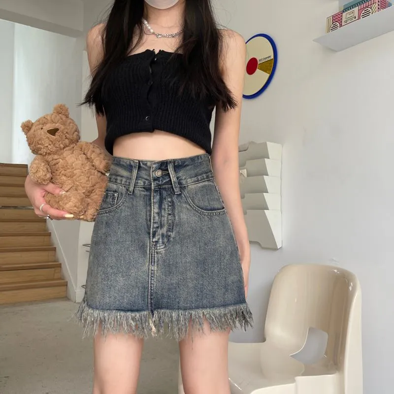 High-Waisted Retro Tassel Bodycon Denim Skirt