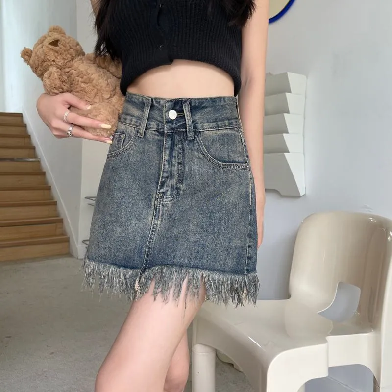 High-Waisted Retro Tassel Bodycon Denim Skirt