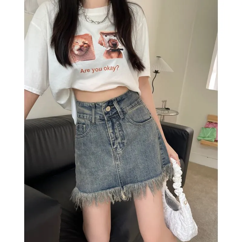 High-Waisted Retro Tassel Bodycon Denim Skirt