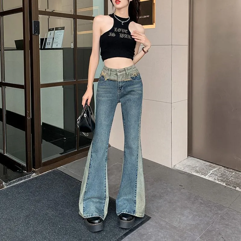 High-Waisted Slight Flare Worn-Out Look Color Blocking Retro Patchwork Jeans