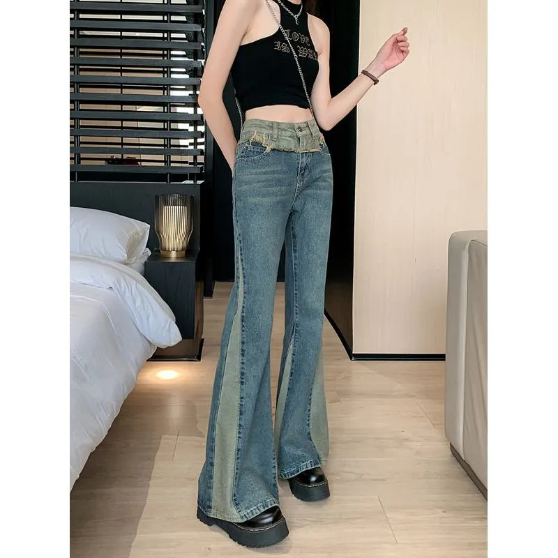 High-Waisted Slight Flare Worn-Out Look Color Blocking Retro Patchwork Jeans