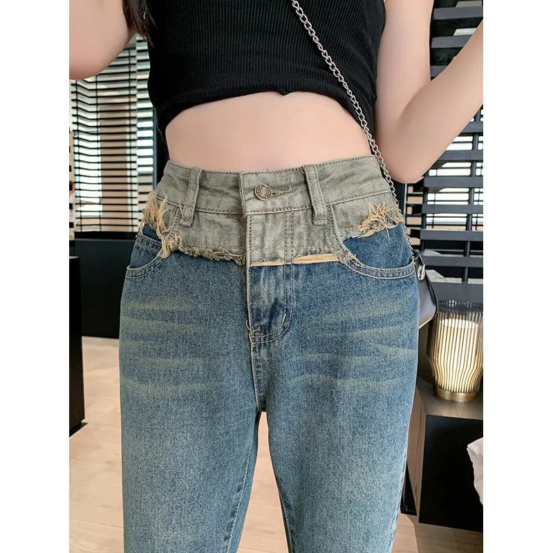 High-Waisted Slight Flare Worn-Out Look Color Blocking Retro Patchwork Jeans