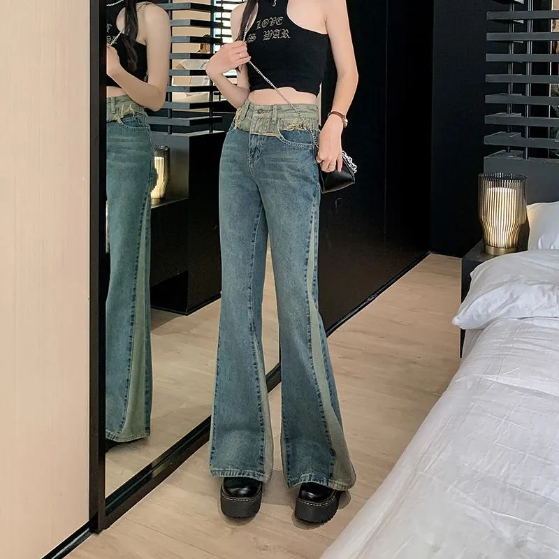 High-Waisted Slight Flare Worn-Out Look Color Blocking Retro Patchwork Jeans