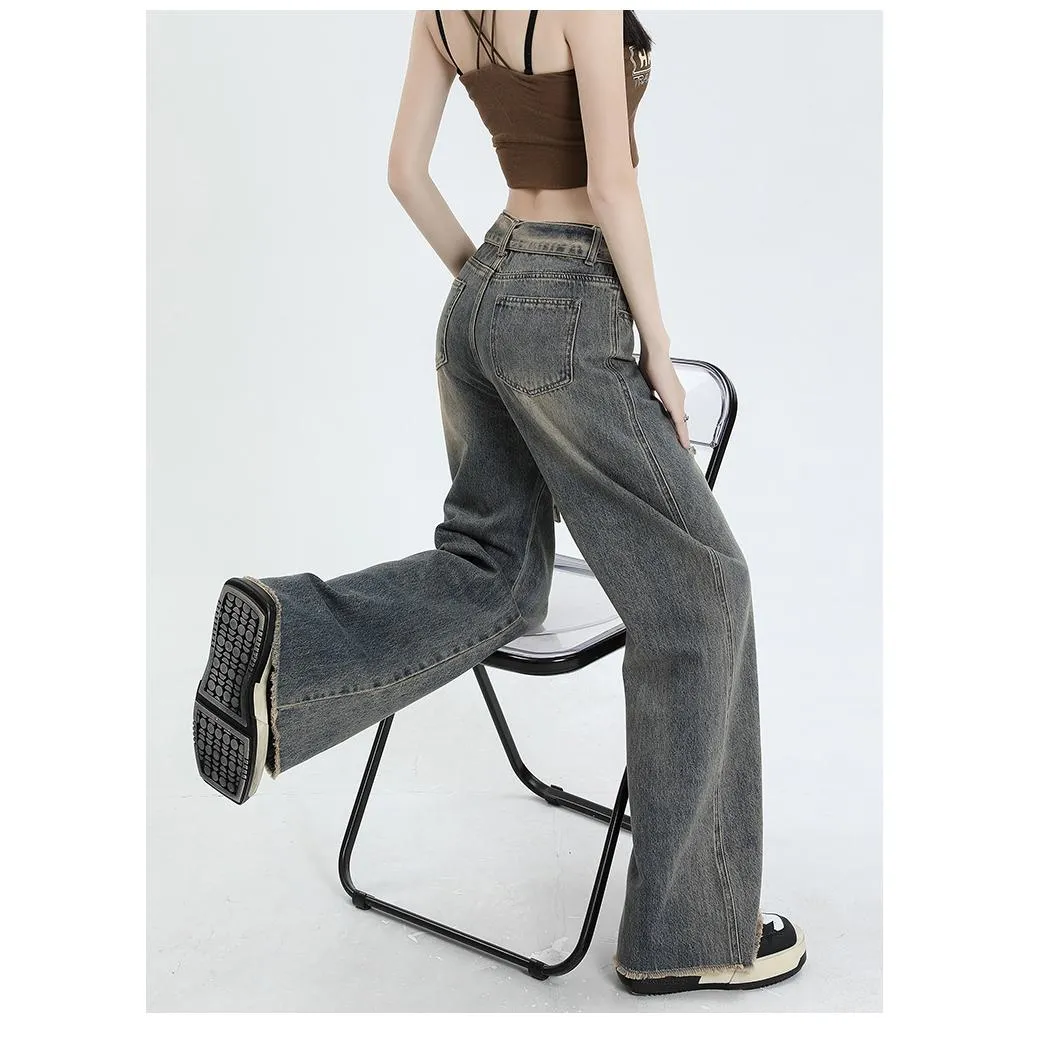 High-Waisted Thin Worn-Out Look Street Style Loose Fit Straight Leg Jeans