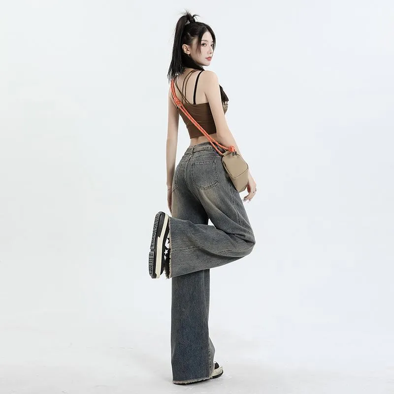 High-Waisted Thin Worn-Out Look Street Style Loose Fit Straight Leg Jeans