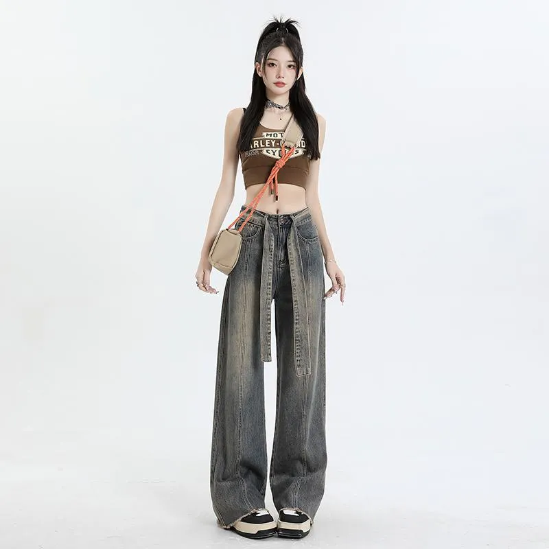 High-Waisted Thin Worn-Out Look Street Style Loose Fit Straight Leg Jeans