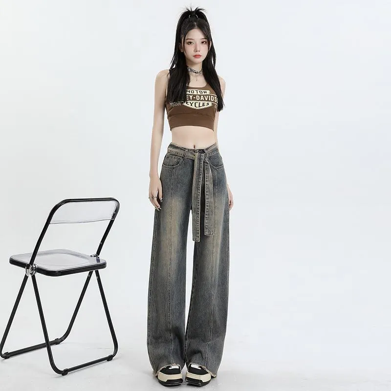 High-Waisted Thin Worn-Out Look Street Style Loose Fit Straight Leg Jeans