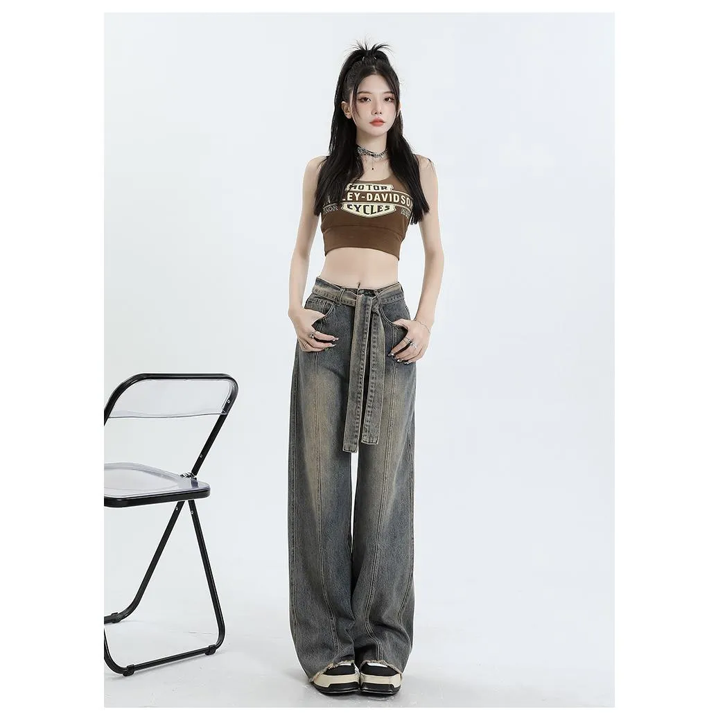 High-Waisted Thin Worn-Out Look Street Style Loose Fit Straight Leg Jeans