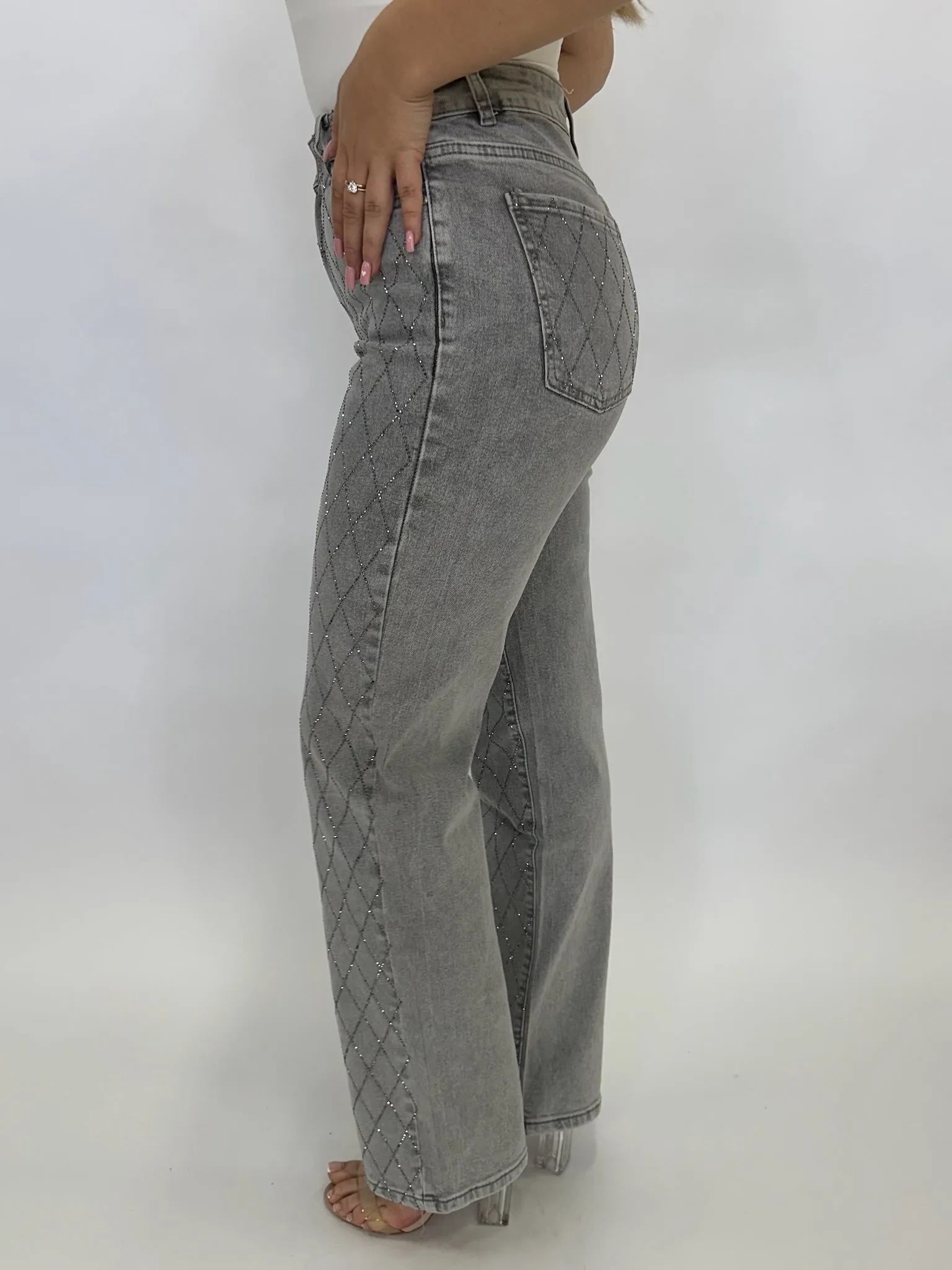 Jemma grey crystal straight leg stretch jeans