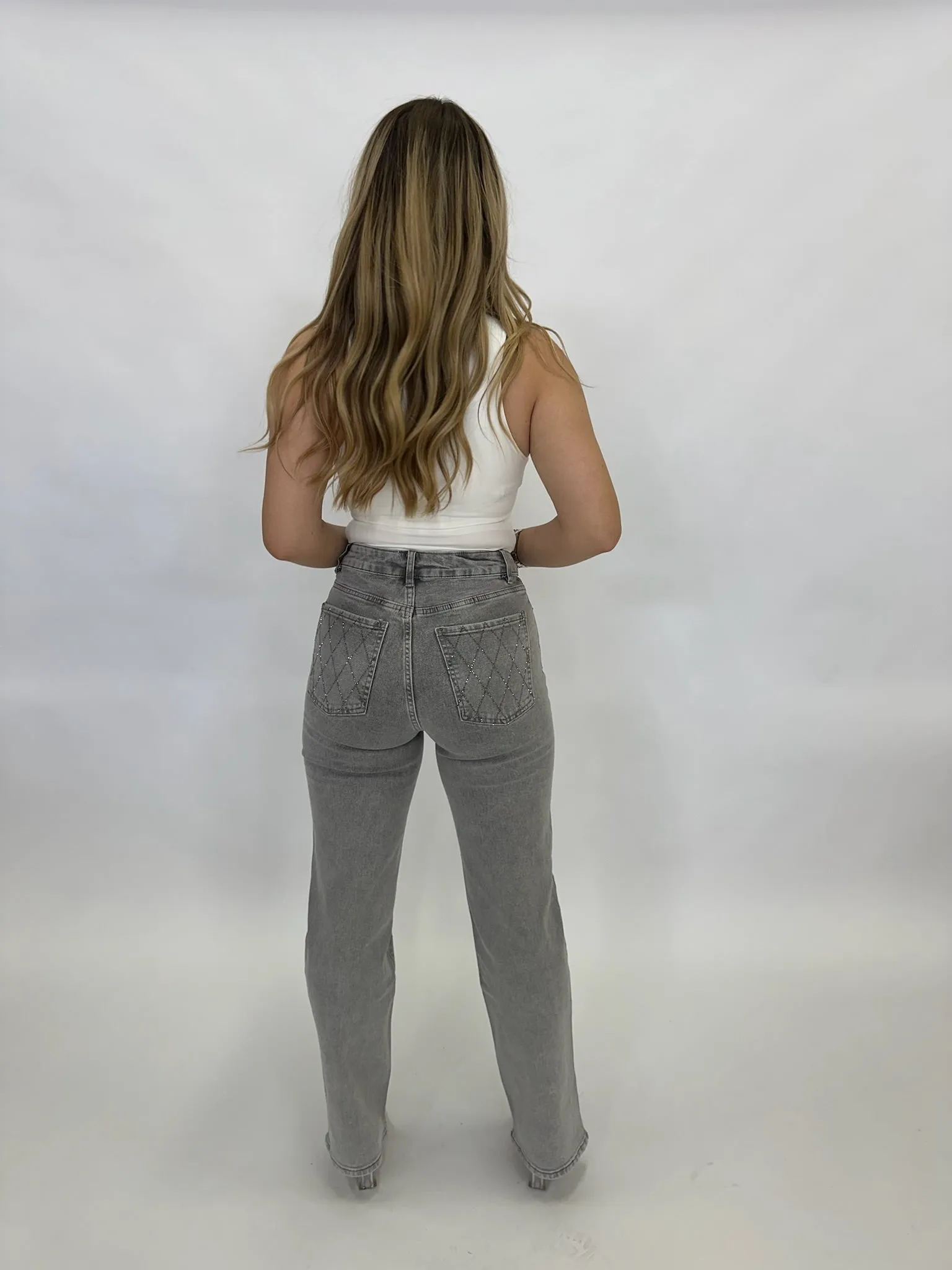 Jemma grey crystal straight leg stretch jeans