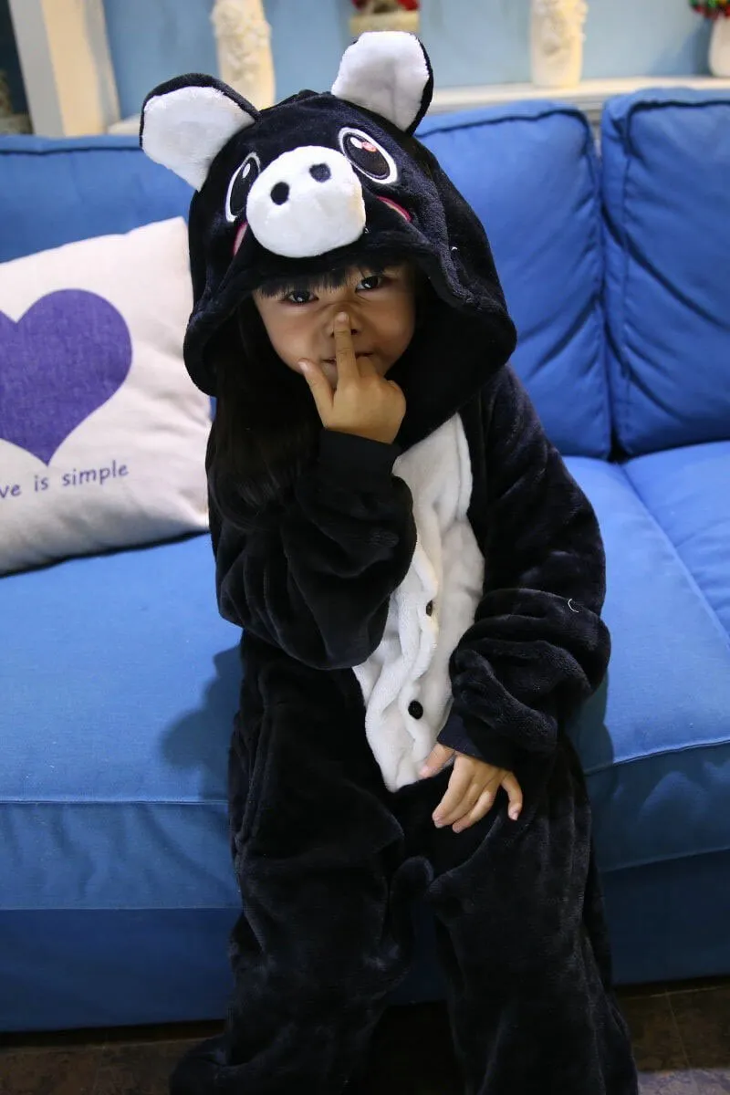 Kids Onesie Hoodie Black Pig Animal Pajamas Kigurumi Costume