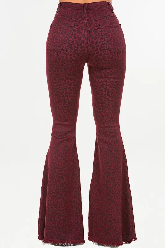 Leopard Bell Bottom Jean in Burgundy- Inseam 32