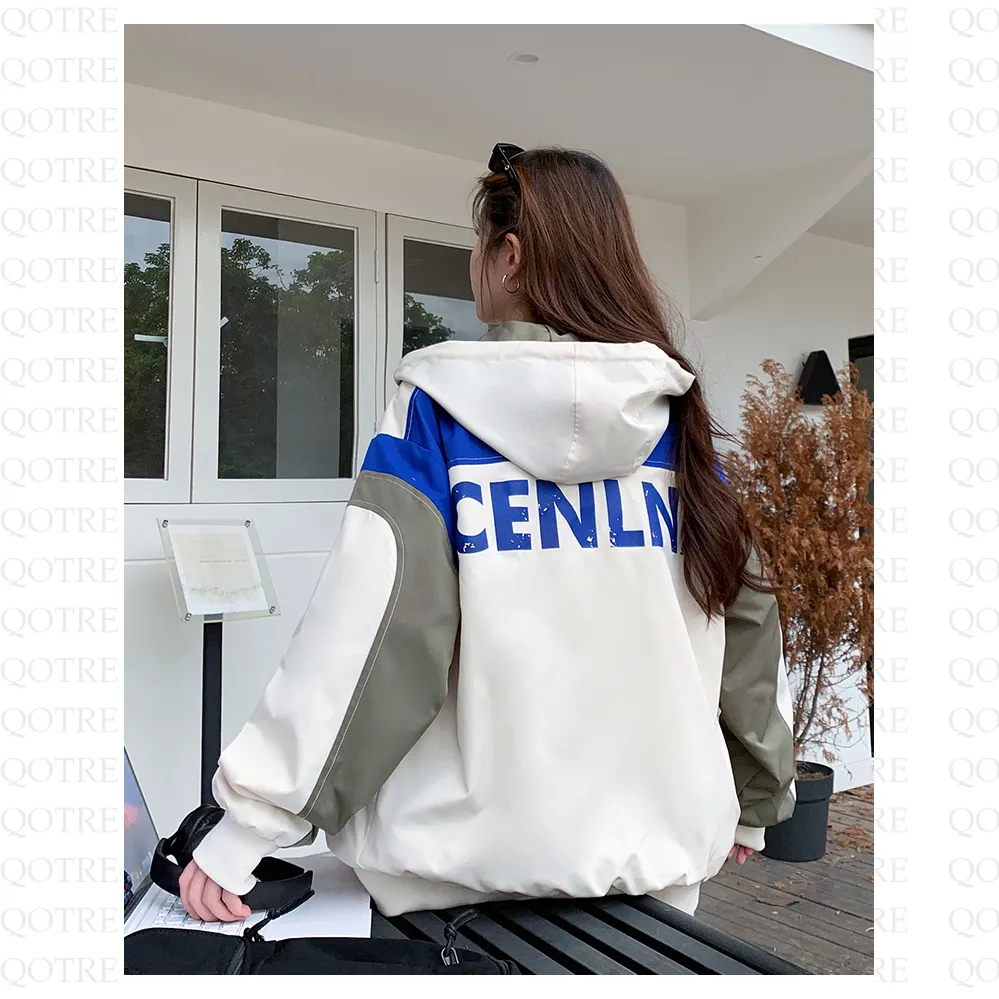 Letter Embroidered Color Block Hooded Windbreaker