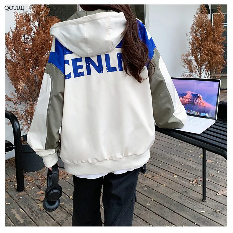 Letter Embroidered Color Block Hooded Windbreaker