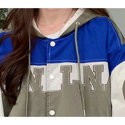 Letter Embroidered Color Block Hooded Windbreaker