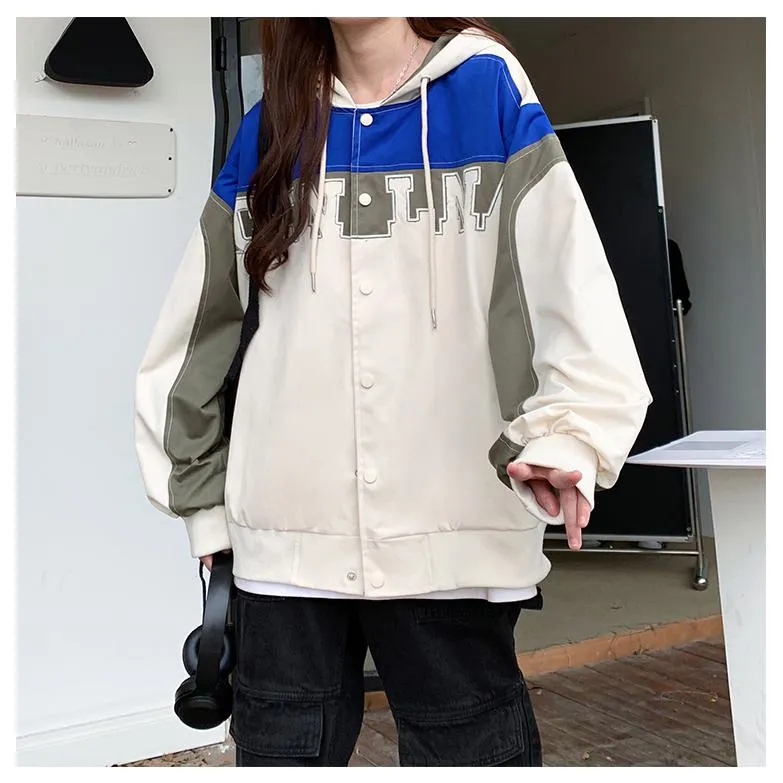 Letter Embroidered Color Block Hooded Windbreaker