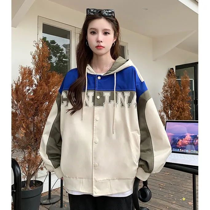 Letter Embroidered Color Block Hooded Windbreaker