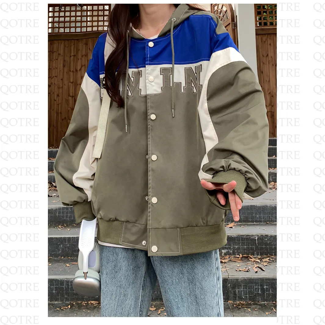 Letter Embroidered Color Block Hooded Windbreaker