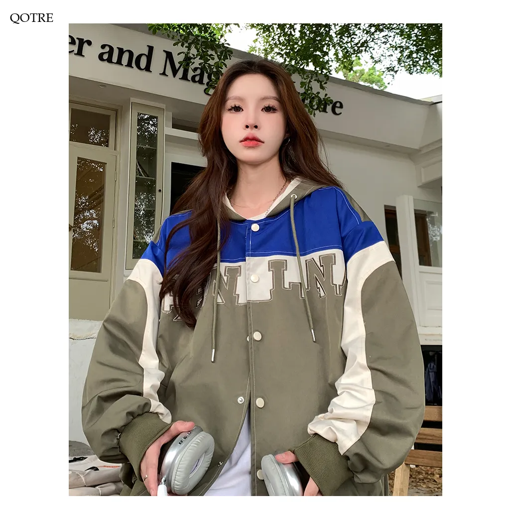 Letter Embroidered Color Block Hooded Windbreaker