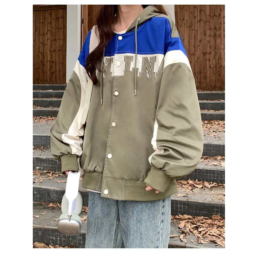 Letter Embroidered Color Block Hooded Windbreaker