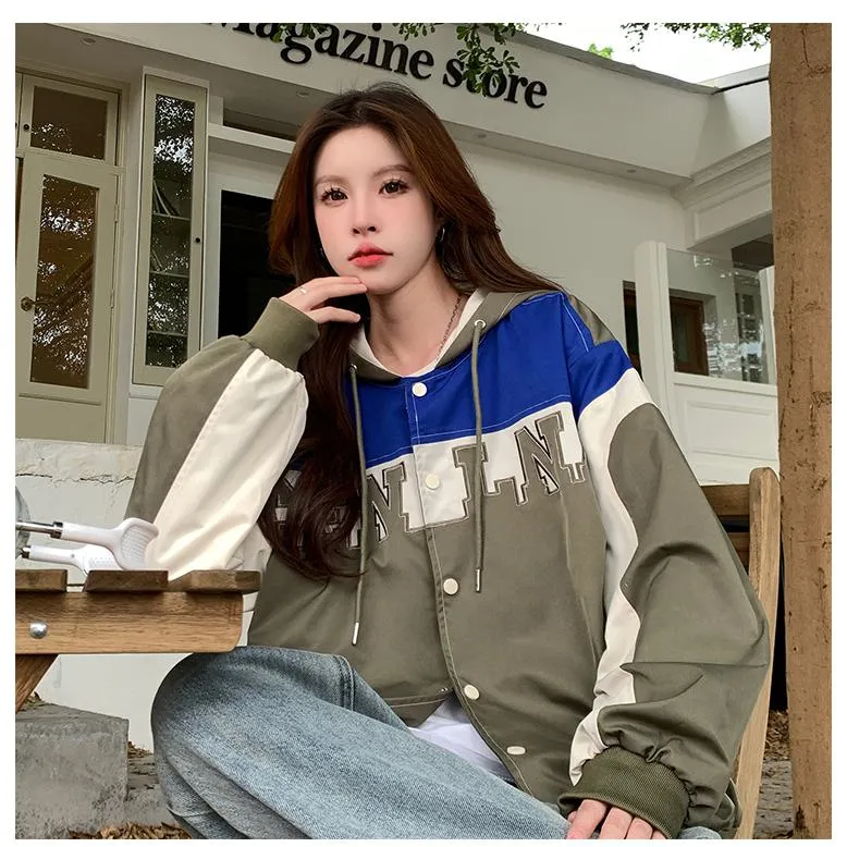 Letter Embroidered Color Block Hooded Windbreaker