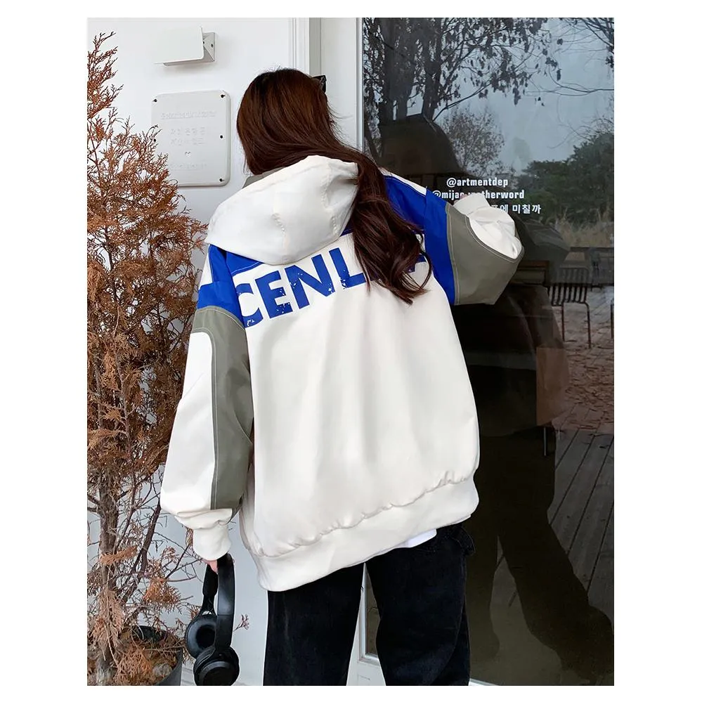 Letter Embroidered Color Block Hooded Windbreaker