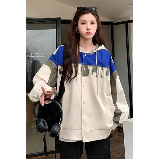 Letter Embroidered Color Block Hooded Windbreaker