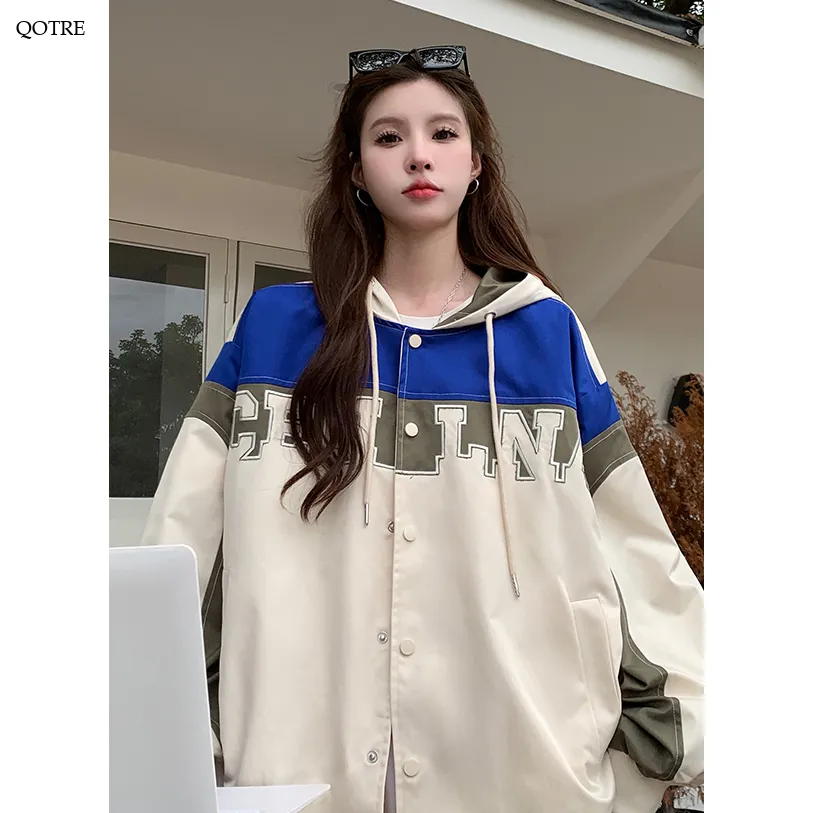 Letter Embroidered Color Block Hooded Windbreaker