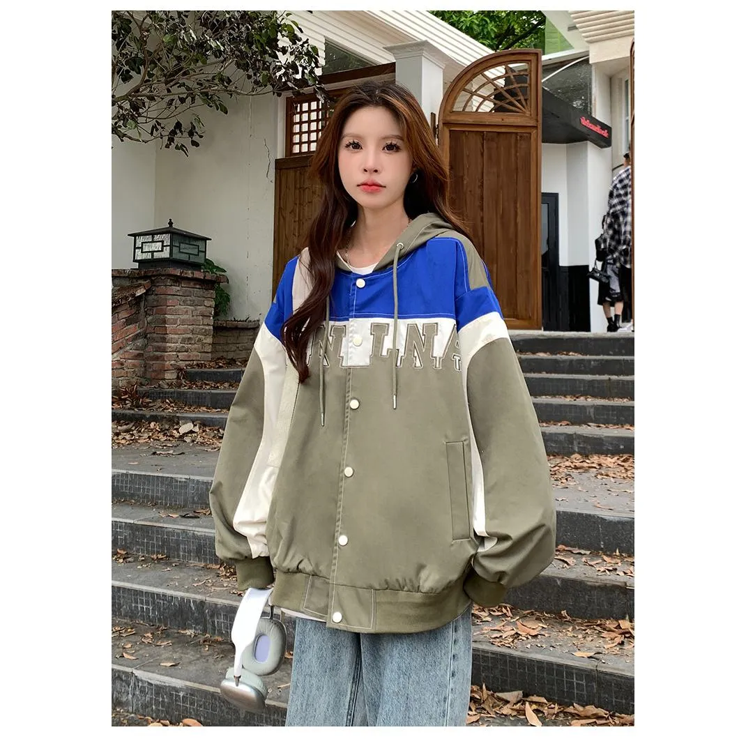 Letter Embroidered Color Block Hooded Windbreaker