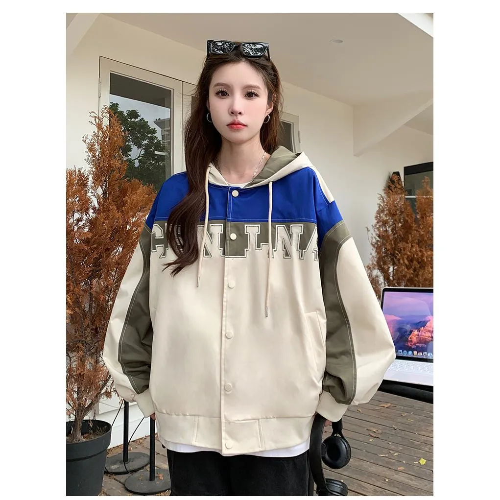 Letter Embroidered Color Block Hooded Windbreaker