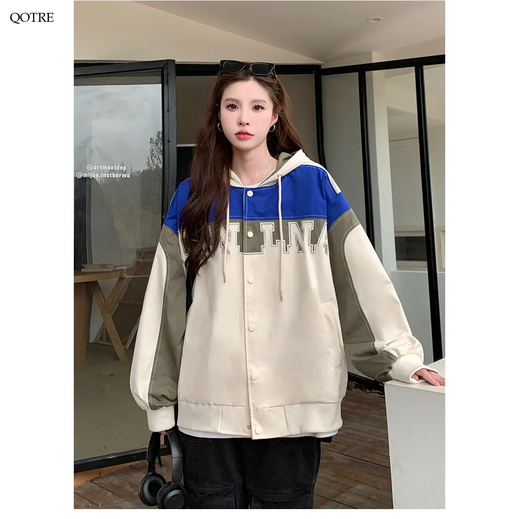 Letter Embroidered Color Block Hooded Windbreaker