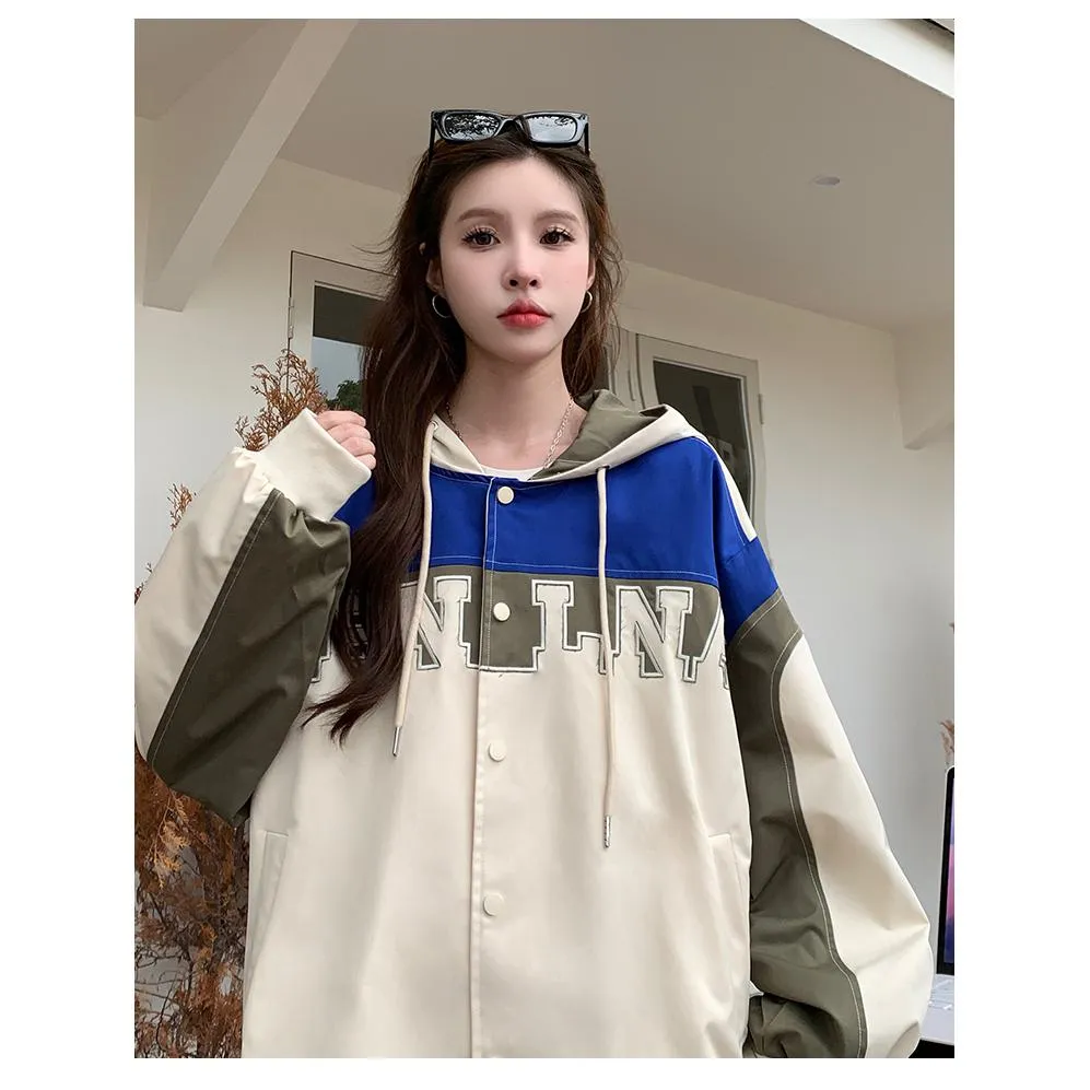 Letter Embroidered Color Block Hooded Windbreaker