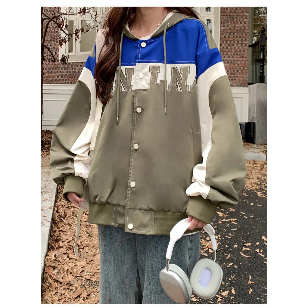 Letter Embroidered Color Block Hooded Windbreaker