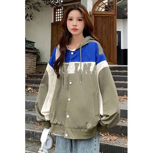 Letter Embroidered Color Block Hooded Windbreaker