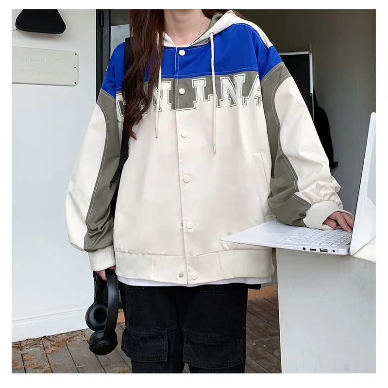 Letter Embroidered Color Block Hooded Windbreaker