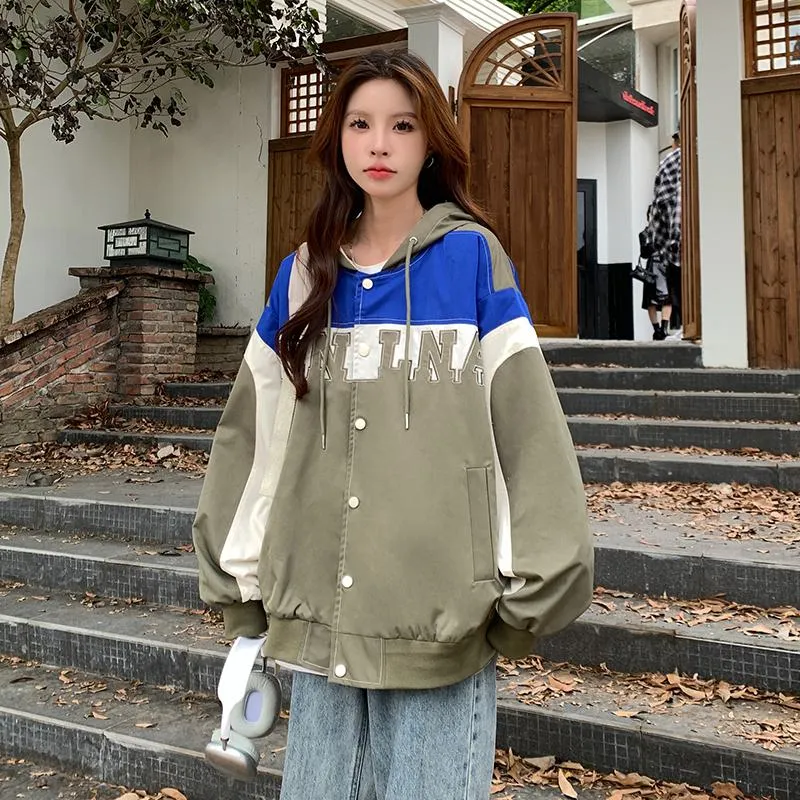 Letter Embroidered Color Block Hooded Windbreaker