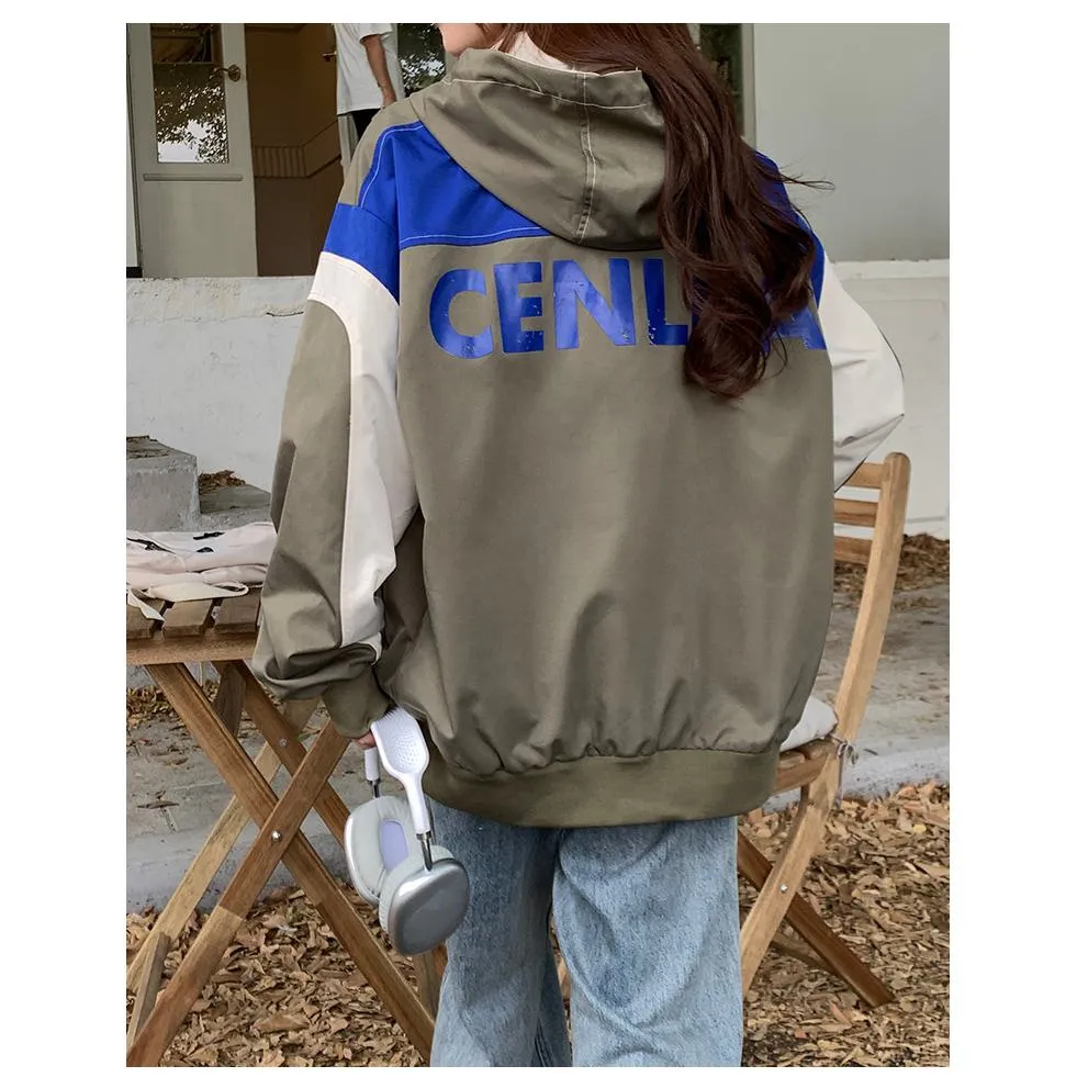 Letter Embroidered Color Block Hooded Windbreaker