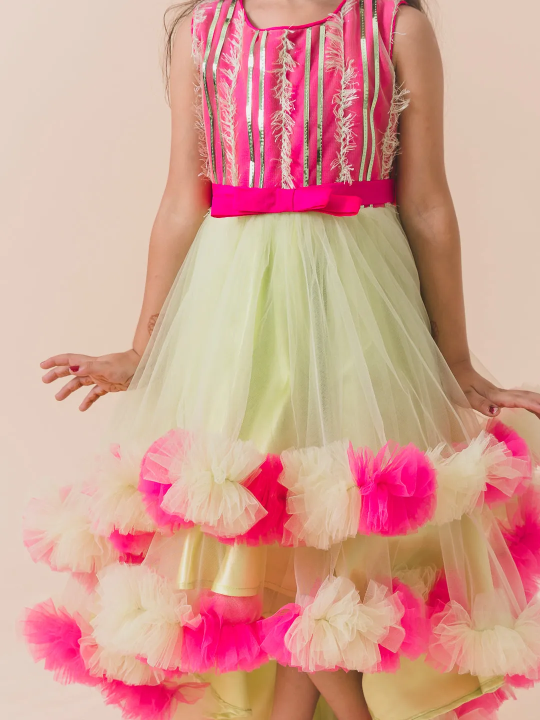 Lime Green Pink Embellished Net Maxi Dress