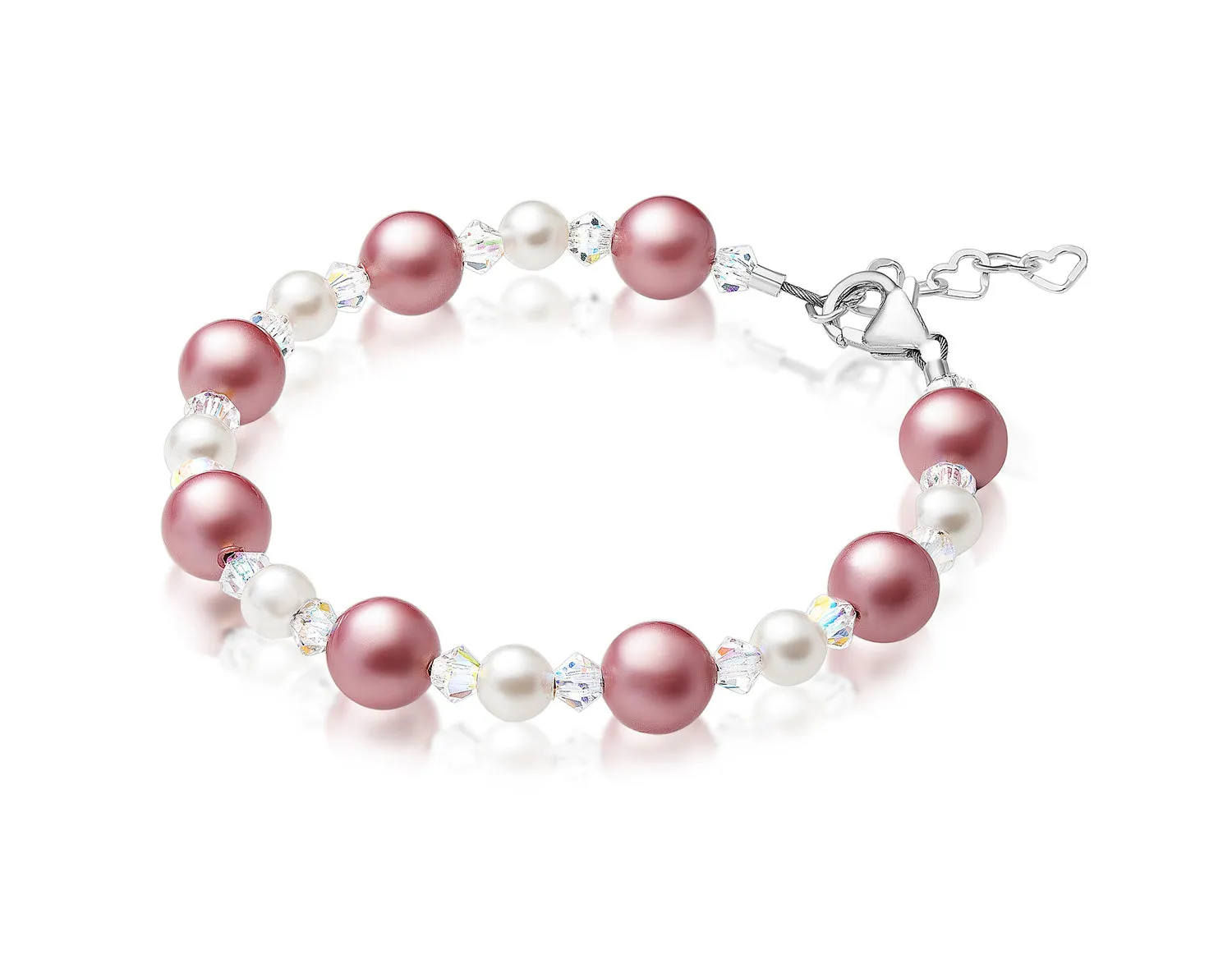 Little Girl Toddler Bracelet with Rose & White Pearls & Clear Crystals