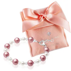 Little Girl Toddler Bracelet with Rose & White Pearls & Clear Crystals