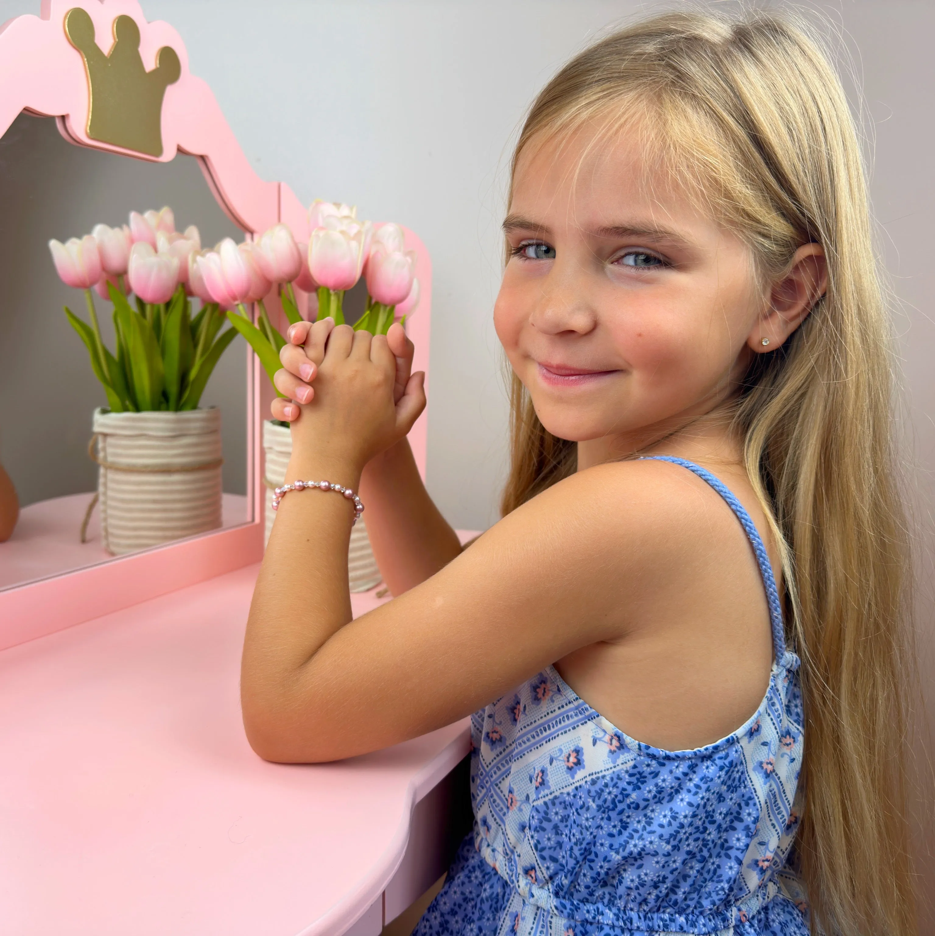 Little Girl Toddler Bracelet with Rose & White Pearls & Clear Crystals