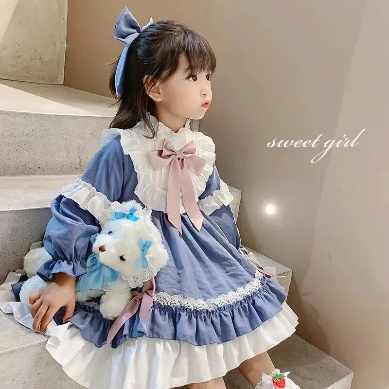 Lolita Style Blue Bow Pleated Baby Dress Princess Party Dress For Girls